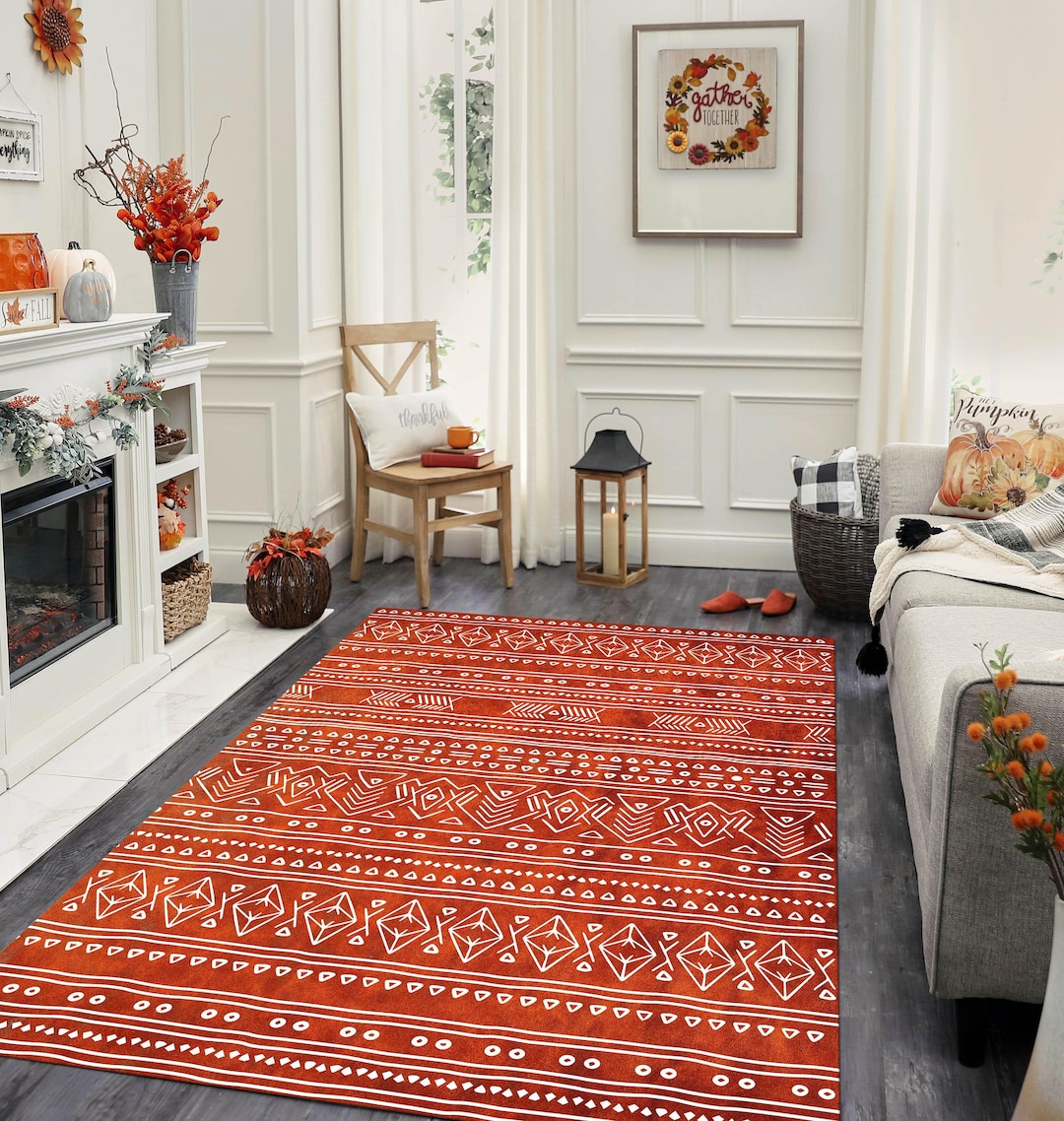 Aztec Tribal Area Rug, Terracotta Southwestern Rug, Rust Boho Living ...