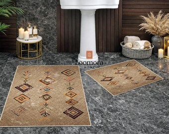 Alfombra de baño étnica bohemia - Juego de alfombrillas de inodoro de lujo - Decoración de baño minimalista tribal