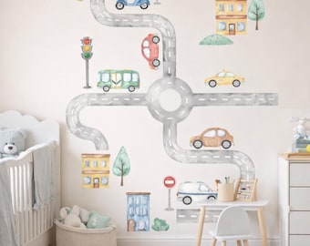 Vinilos decorativos de acuarela para pared de guardería con imágenes de transporte: mapa de carreteras, coches y señales.