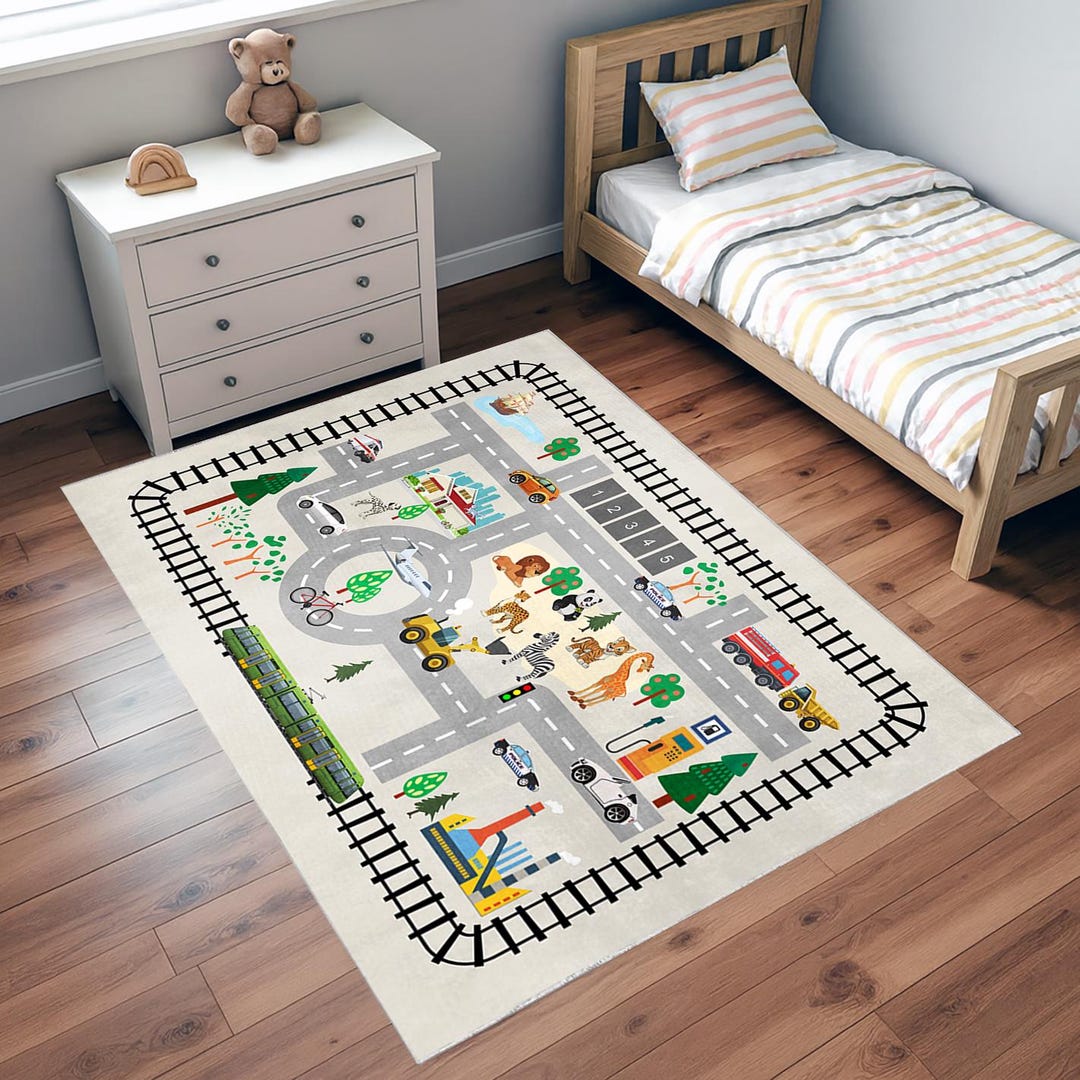Kids City Traffic Play Rug With Roads, Trains, Cars and Animals ...