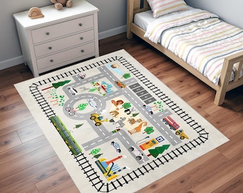 道路、電車、車、動物が描かれたキッズシティ交通プレイラグ - 知育プレイルーム用フロアマット