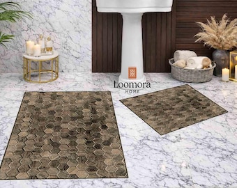 Alfombra de baño moderna con diseño hexagonal de madera - Juego de alfombrillas de baño de lujo - Decoración geométrica natural