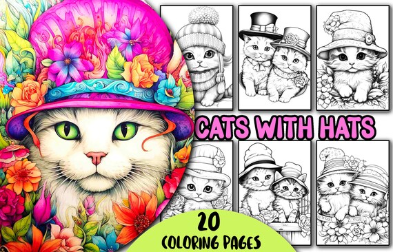 20 Cats with Hats Coloring Pages, Adults Kids Teens Coloring Pages, Cute Cats Coloring Book, Kitten Coloring Pages, Instant Download, PDF
