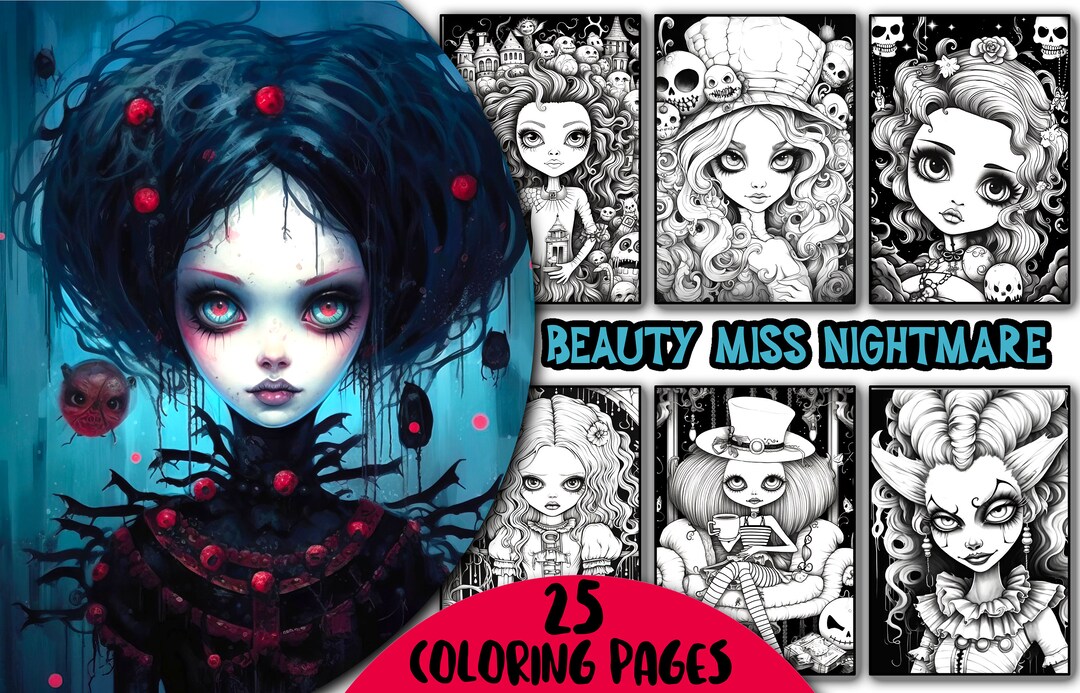25 Beauty Miss Nightmare Coloring Book for Adults, Horror Beauties