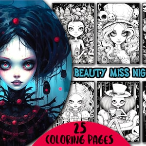 25 Beauty Miss Nightmare Coloring Book for Adults, Horror Beauties Coloring Pages, Creepy Gothic Coloring Pages, Instant Download PDF
