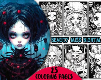 25 Beauty Miss Nightmare Coloring Book for Adults, Horror Beauties Coloring Pages, Creepy Gothic Coloring Pages, Instant Download PDF