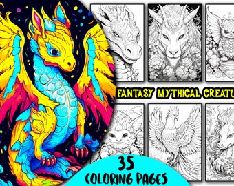 May include: A collection of 35 coloring pages featuring fantasy mythical creatures. The set includes a vibrant, multi-colored dragon illustration and several black and white line art drawings of various legendary beasts and creatures.