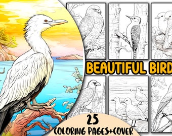 25 Beautiful Birds Coloring Page Book for Adults, Teens, and Kids, Bird Cute Animal Pages, Printable PDF Birds, Instant Download, Bird