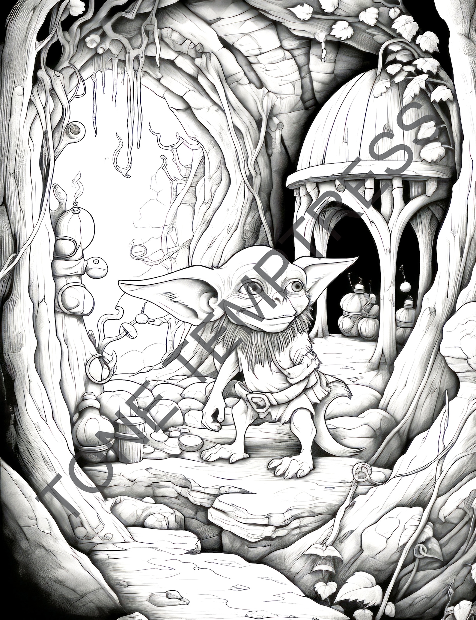 Goblin Core Coloring Page for Adults, Adorable Goblins Coloring Page
