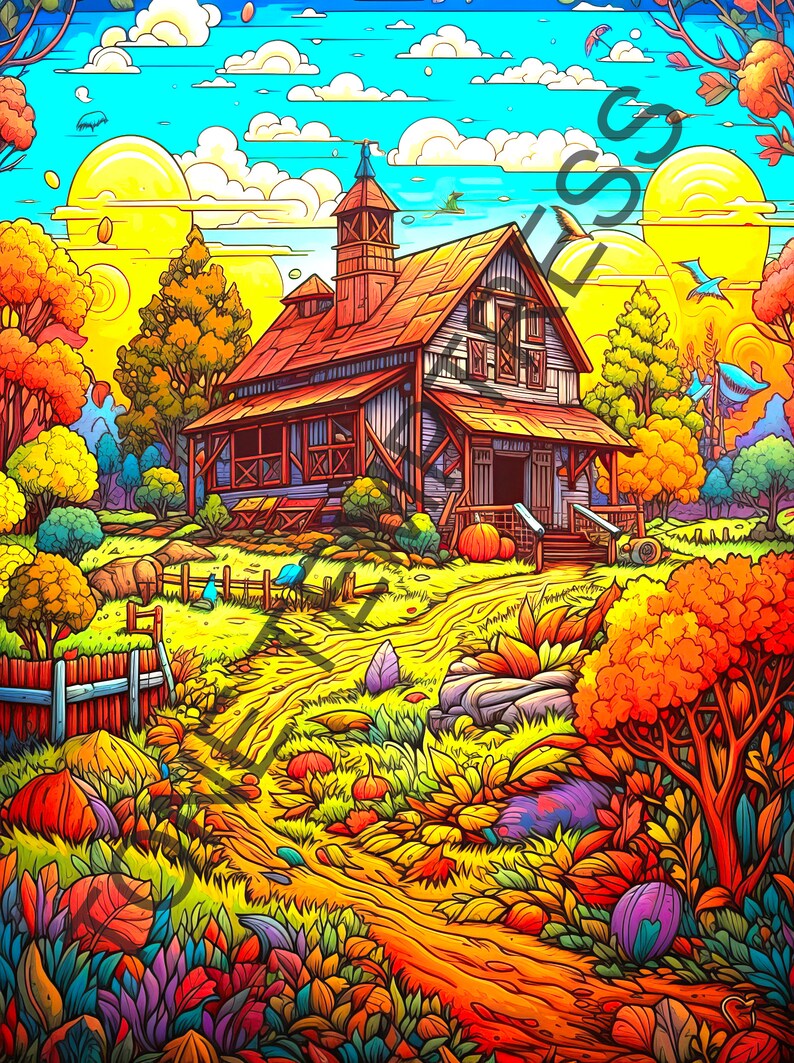 20 Country Farm Coloring Book for Adults, Country Farm Houses Coloring