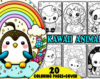20 Kawaii World Animals Coloring Pages, Adults Kids Teens Coloring Pages, Cute Kawaii Creatures, Instant Download, Printable PDF, Sweets