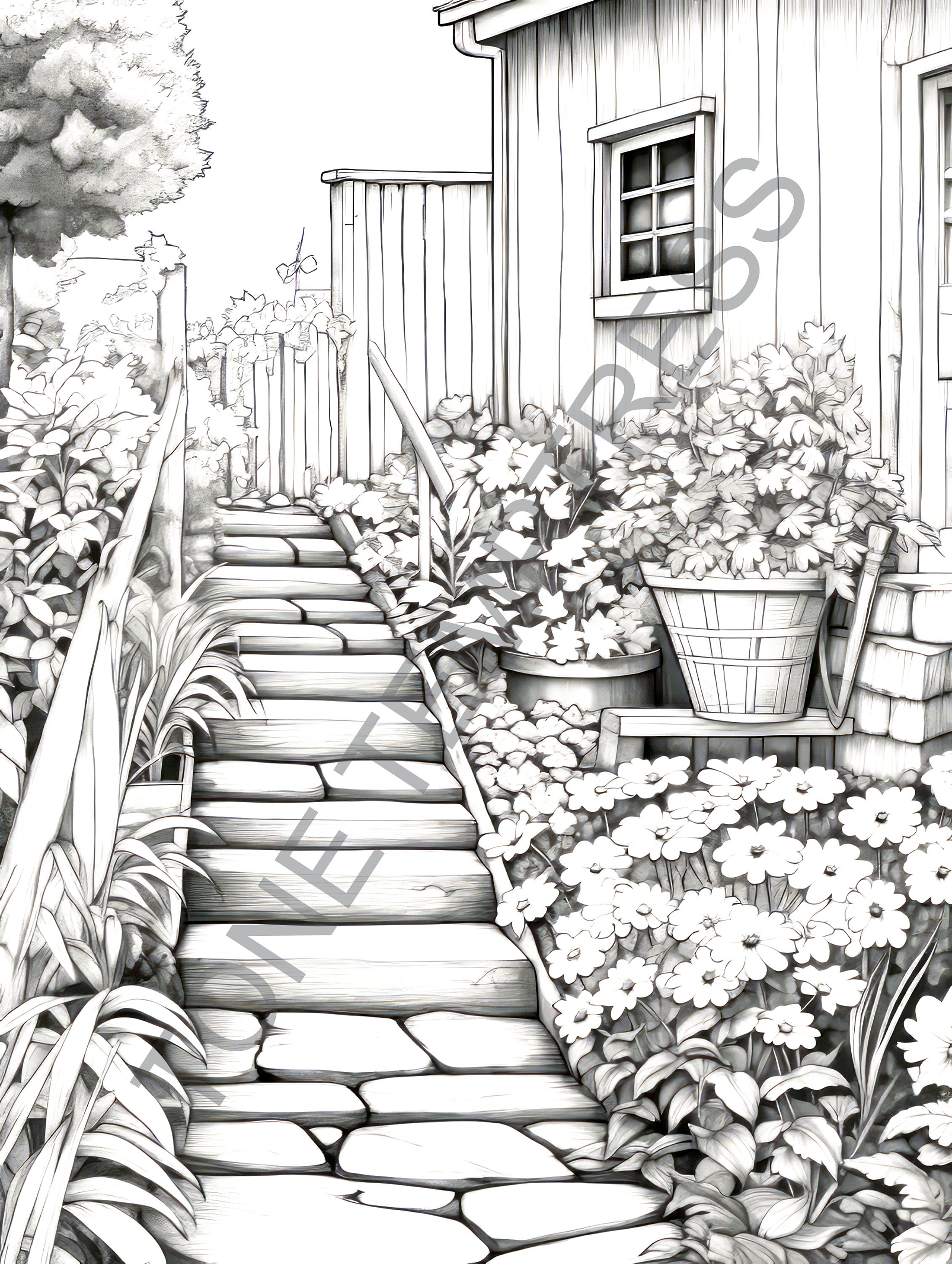 20 Country Farm Coloring Book for Adults, Country Farm Houses Coloring