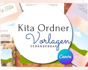 Può includere: Una collezione di modelli colorati con il testo "Kita Ordner Vorlagen VERÄNDERBAR" in un cerchio bianco. I modelli presentano vari design, tra cui orsacchiotti, paesaggi e testo. Il logo Canva si trova in basso a destra.