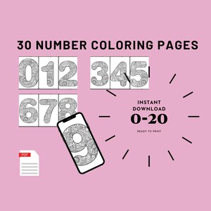 May include: A pink background with the text "30 NUMBER COLORING PAGES." The image features black and white number coloring pages, a smartphone displaying a number coloring page, and a PDF icon. The text "INSTANT DOWNLOAD 0-20 READY TO PRINT" is also present.