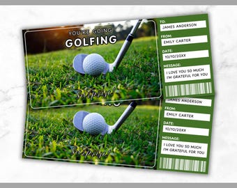 Golfing Ticket Template - Golfing Gift Voucher - Golfing Coupon Certificate Card - Golf Ticket Voucher - Editable - Printable - Personalized