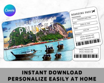Plantilla de boleto de embarque de Phuket: boleto de avión de avión de regalo imprimible: boleto de vacaciones sorpresa para revelar un viaje a Phuket