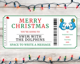 Christmas Swim With the Dolphins Gift Ticket - Christmas Gift Voucher Card Certificate - Printable Xmas Gift Template - Instant Download