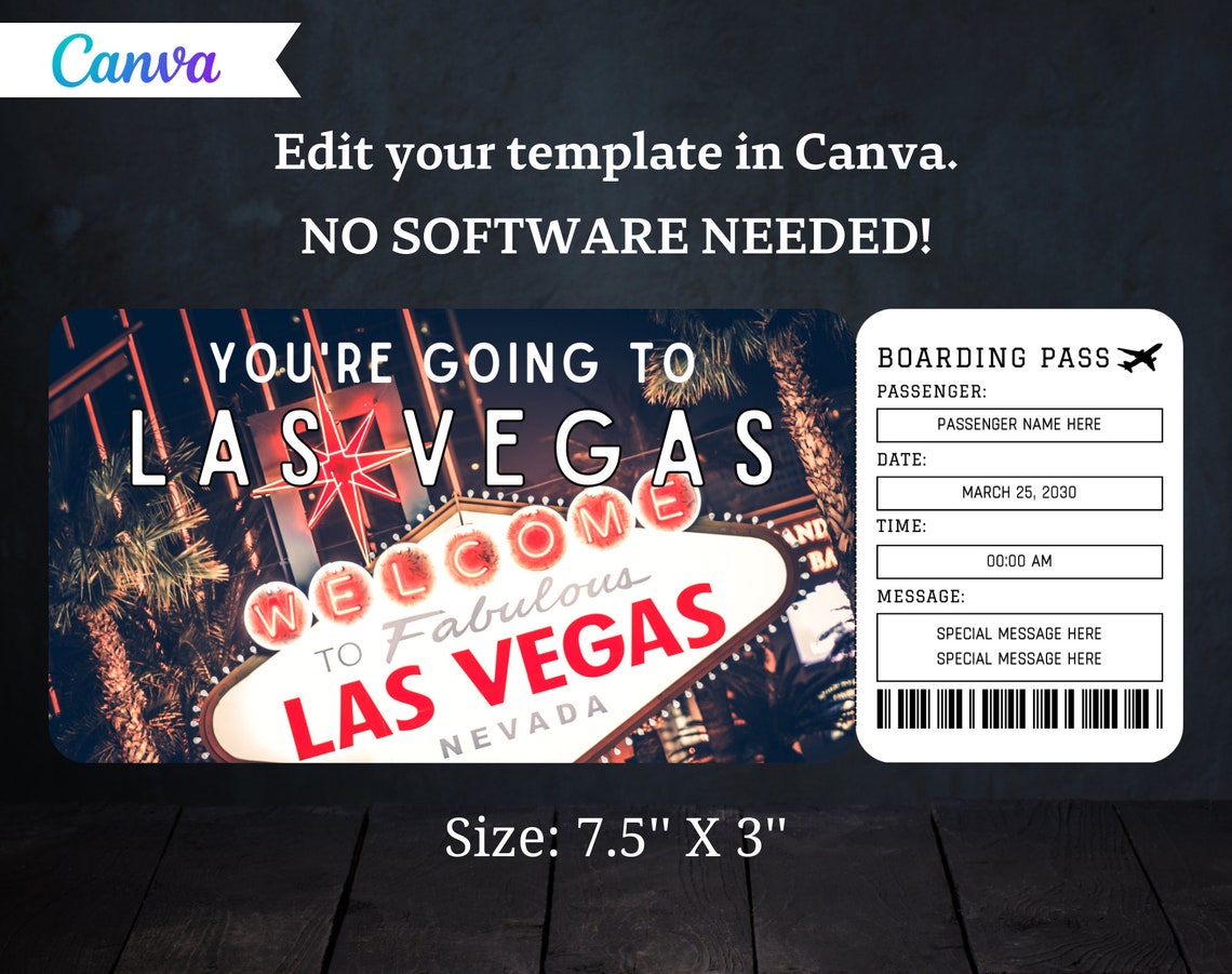 Las Vegas Boarding Pass Ticket Template Printable Gift Airplane Airline