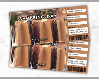 Plantilla de boleto para el día de compras - Vale de regalo para ir de compras - Tarjeta de certificado con cupón para el día de chicas de Shopping Trip - Editable - Imprimible