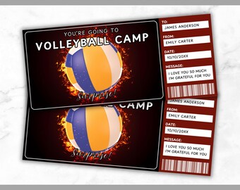 Plantilla de boleto para campamento de voleibol - Vale de regalo para campamento de voleibol - Tarjeta de certificado con cupón para campamento de voleibol - Tarjeta de campamento de entrenamiento editable e imprimible