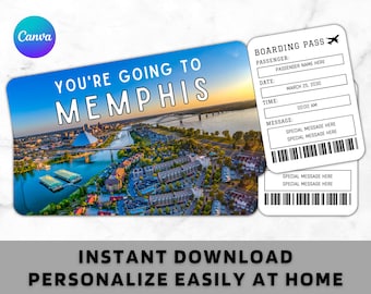 Plantilla de boleto de embarque de Memphis: boleto de avión de avión de regalo imprimible: boleto de vacaciones sorpresa para revelar un viaje a Memphis