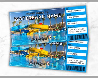 May include: Two blue and white waterpark tickets with the text "YOU'RE GOING TO WATERPARK NAME" and "Surprise!". The tickets include fields for "TO", "FROM", "DATE", and a message. The words "INSTANT DOWNLOAD" and "PERSONALIZE AT HOME" are also visible.