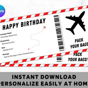Bilhete de voo surpresa de aniversário - Modelo de cartão de embarque de aniversário - Presente de aniversário para impressão - Cupom de cartão de viagem revelador de viagem surpresa