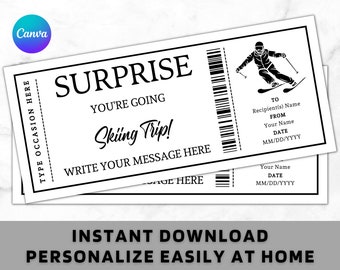 Surprise Skiing Trip Ticket Certificate Voucher Card Template - Printable Any Occasion Gift Idea - Editable Skiing Trip Ski Holiday Coupon
