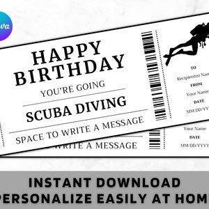 Puede incluir: Un certificado de regalo de cumpleaños imprimible para bucear. El certificado es en blanco y negro con una silueta de un buceador. El texto dice "Feliz cumpleaños Vas a bucear".