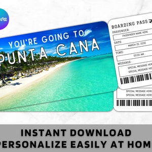 Modelo de bilhete de embarque de Punta Cana - Presente para impressão Bilhete de avião de avião - Surpresa Punta Cana Viagem Férias Bilhete de férias