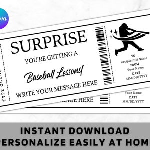 Plantilla de tarjeta de cupón con certificado de boleto para lecciones de béisbol sorpresa: idea de regalo imprimible para cualquier ocasión: cupón editable para campamento de béisbol
