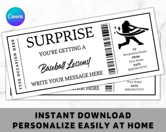 Plantilla de tarjeta de cupón con certificado de boleto para lecciones de béisbol sorpresa: idea de regalo imprimible para cualquier ocasión: cupón editable para campamento de béisbol
