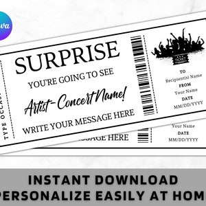 Plantilla de tarjeta de cupón con certificado de boleto de concierto sorpresa: idea de regalo imprimible para cualquier ocasión: cupón editable para conciertos, espectáculos y bandas