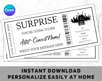 Plantilla de tarjeta de cupón con certificado de boleto de concierto sorpresa: idea de regalo imprimible para cualquier ocasión: cupón editable para conciertos, espectáculos y bandas