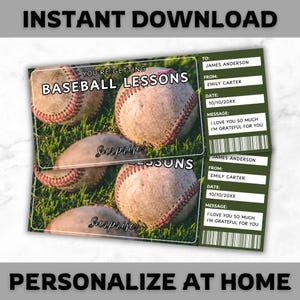 Baseball Lessons Ticket Template - Baseball Lessons Gift Voucher Template - Stocking Stuffer Coupon Certificate Card - Editable - Printable