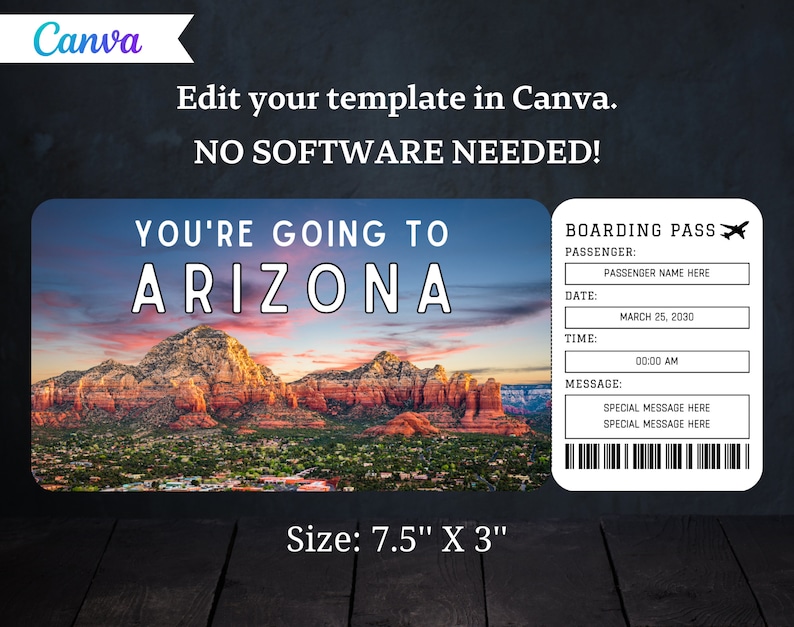 Arizona Boarding Pass Ticket Template Printable Gift Airplane Airline