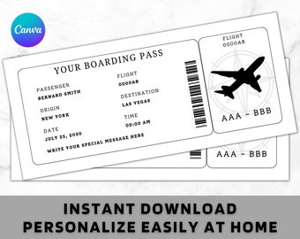 May include: Two white boarding passes with black text. The passes include passenger information, flight details, and a silhouette of an airplane. The text "INSTANT DOWNLOAD PERSONALIZE EASILY AT HOME" is at the bottom.