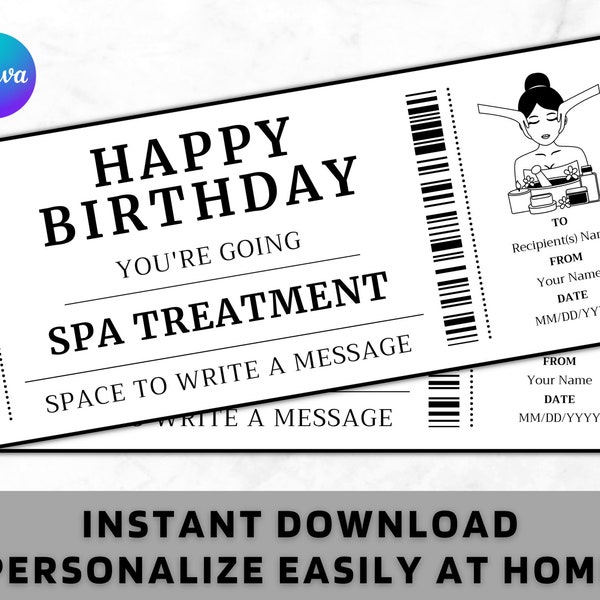 Birthday Spa Treatment Gift Ticket - Birthday Massage Gift Voucher Card Certificate - Printable Birthday Gift Template - Instant Download