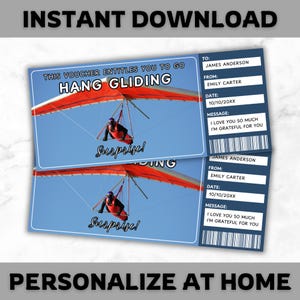 Hang Gliding Ticket Template - Hang Gliding Gift Voucher - Hang Glider Coupon Certificate Card - Editable - Printable - Personalized