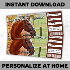 Horse Riding Lessons Ticket Template - Horse Riding Lessons Gift Voucher - Horseback Coupon Certificate Card - Editable - Printable