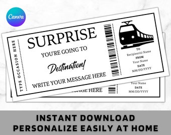 Surprise Train Boarding Pass Ticket Certificate Voucher Card Template - Printable Any Occasion Gift Idea - Editable Train Trip Reveal Coupon