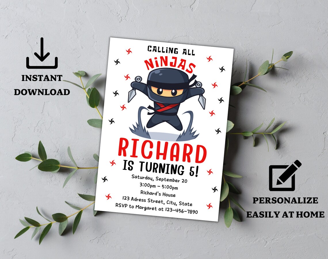 Ninja Birthday Party Invitation Template Ninja Birthday - Etsy