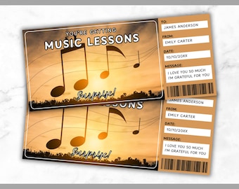 Music Lessons Ticket Template - Music Lessons Gift Voucher - Music Lessons Coupon Certificate Card - Editable - Printable - Personalized