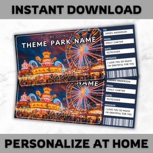 Theme Park Ticket Template - Theme Park Gift Voucher - Theme Park Trip Coupon Certificate Card - Editable - Printable - Personalized