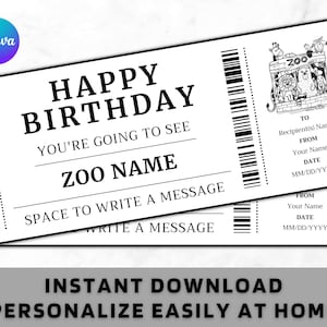 Birthday Zoo Gift Ticket - Birthday Surprise Zoo Trip Gift Voucher Card Certificate - Printable Birthday Gift Template - Instant Download