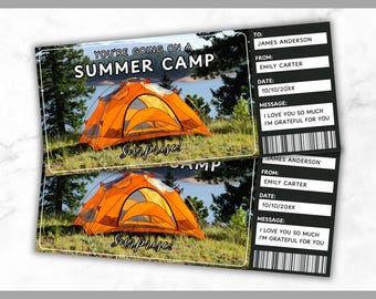 Summer Camp Ticket Template - Summer Camp Gift Voucher Template - Camping Coupon Certificate Card - Editable - Printable - Personalized