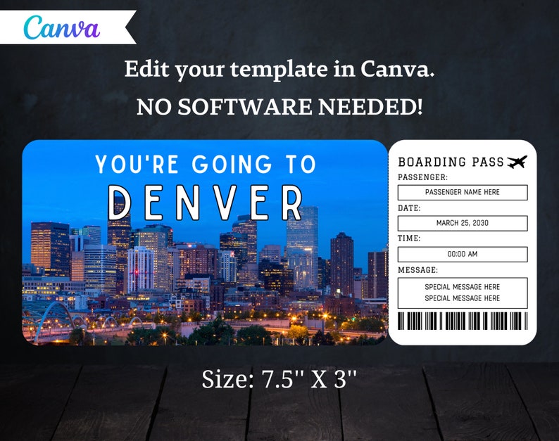 Denver Boarding Pass Ticket Template Printable Gift Airplane Airline