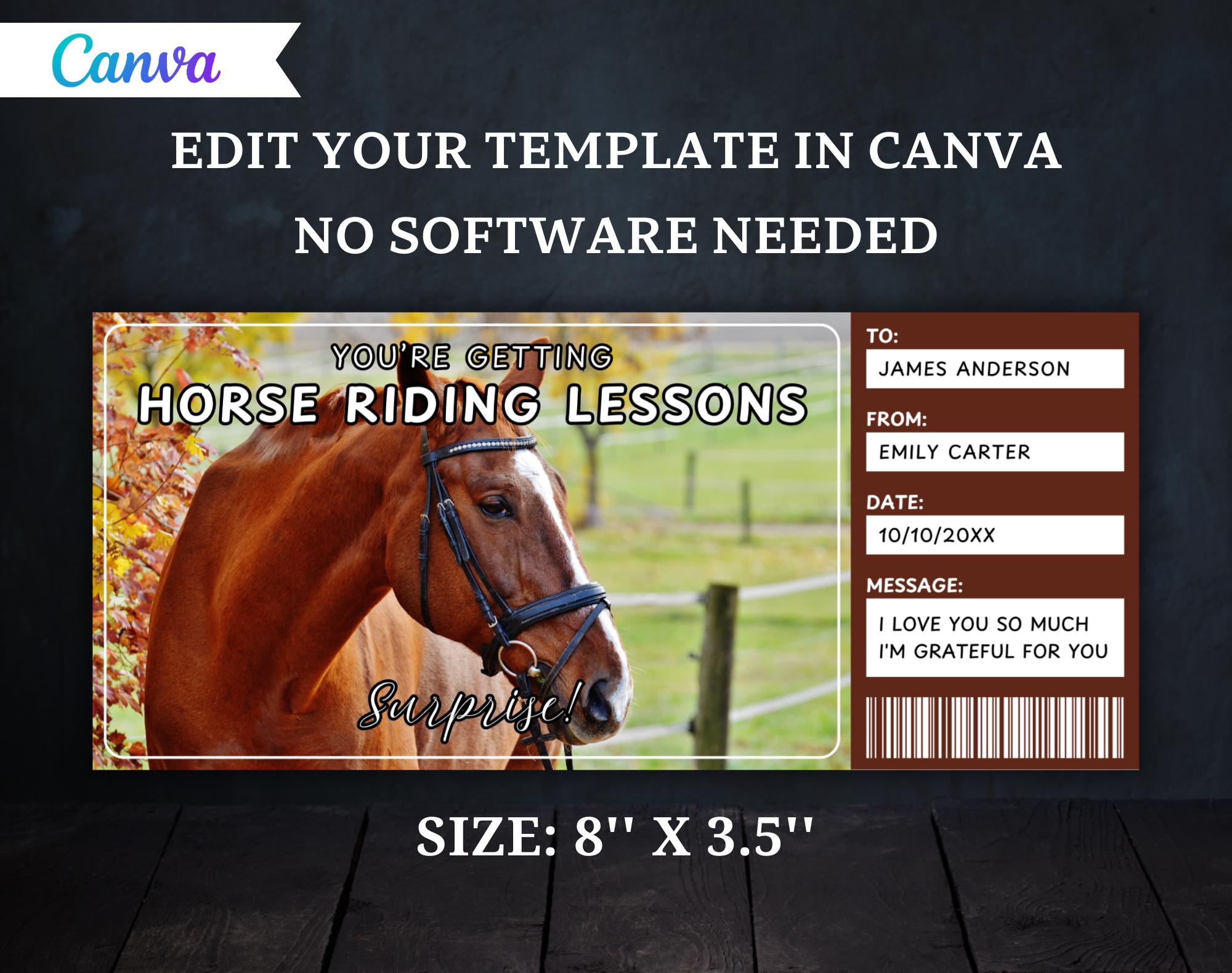 Horse Riding Lessons Ticket Template - Horse Riding Lessons Gift ...