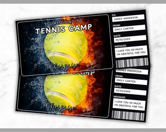 Plantilla de boleto para campamento de tenis - Vale de regalo para campamento de tenis - Tarjeta de certificado con cupón para campamento de tenis - Campamento de entrenamiento - Editable - Imprimible