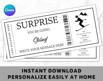 Surprise Ski Skiing Ticket Certificate Voucher Card Template - Printable Any Occasion Gift Idea - Editable Ski Skiing Coupon